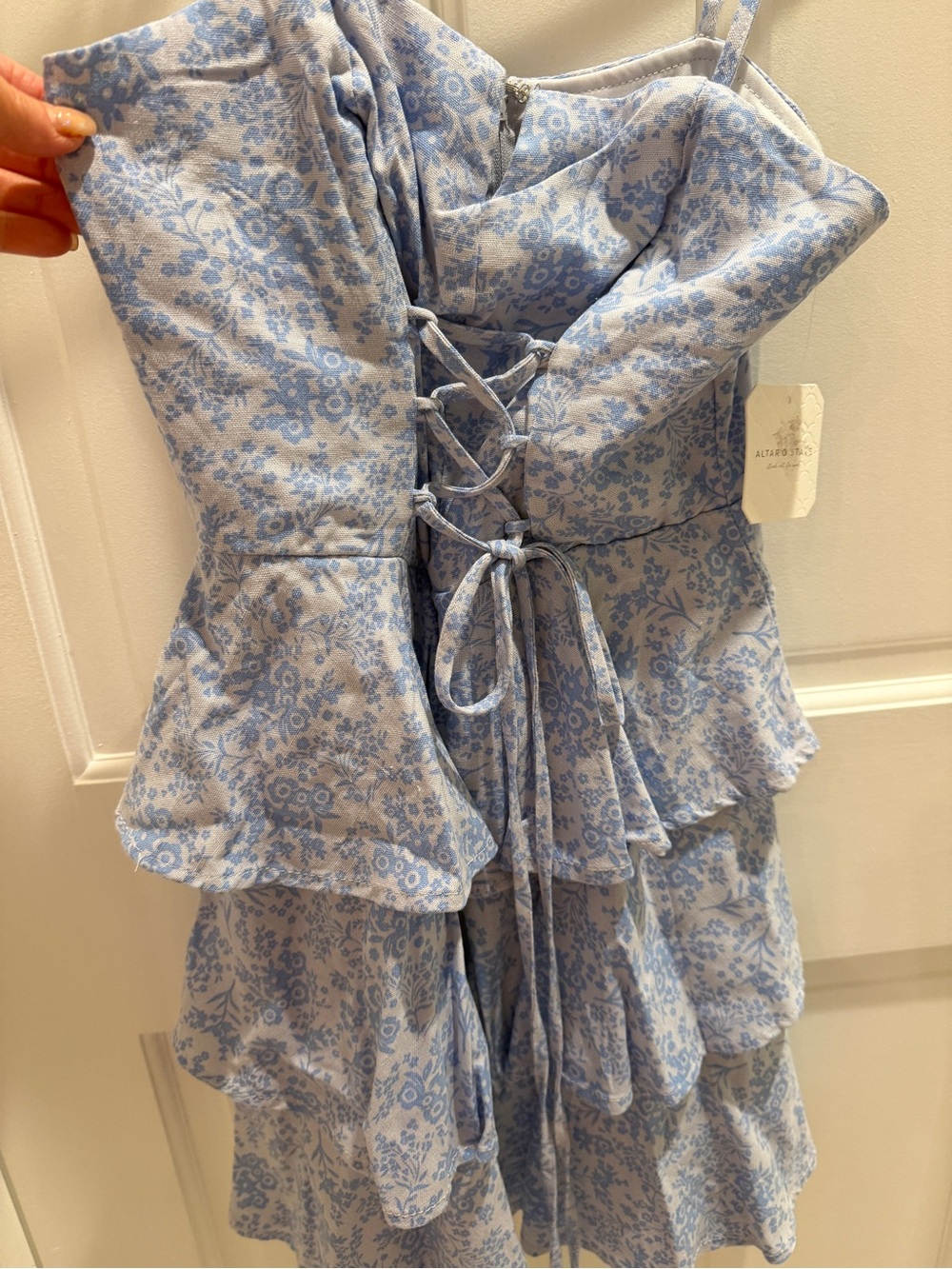 Altar’d State Blue Floral Tiered Sundress with corset style front.